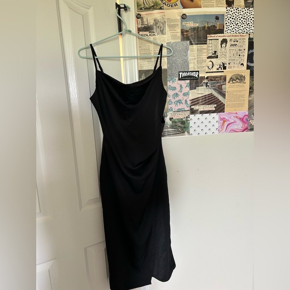 Black Spaghetti Strap Cowl Neck Midi Dress